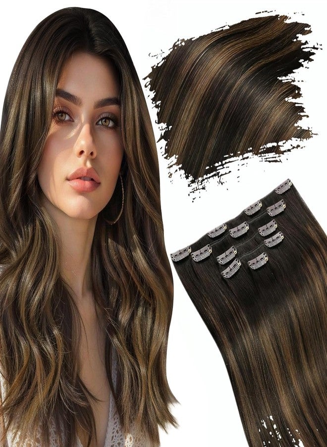 Ugeat Clip in Extensions Real Human Hair Balayage Dark Brown Short Hair Extensions Clip ins Medium Brown Ombre Clip on Hair Extensions for Women 12 Inch 5Pcs 85G 2/6/2 - Image 1